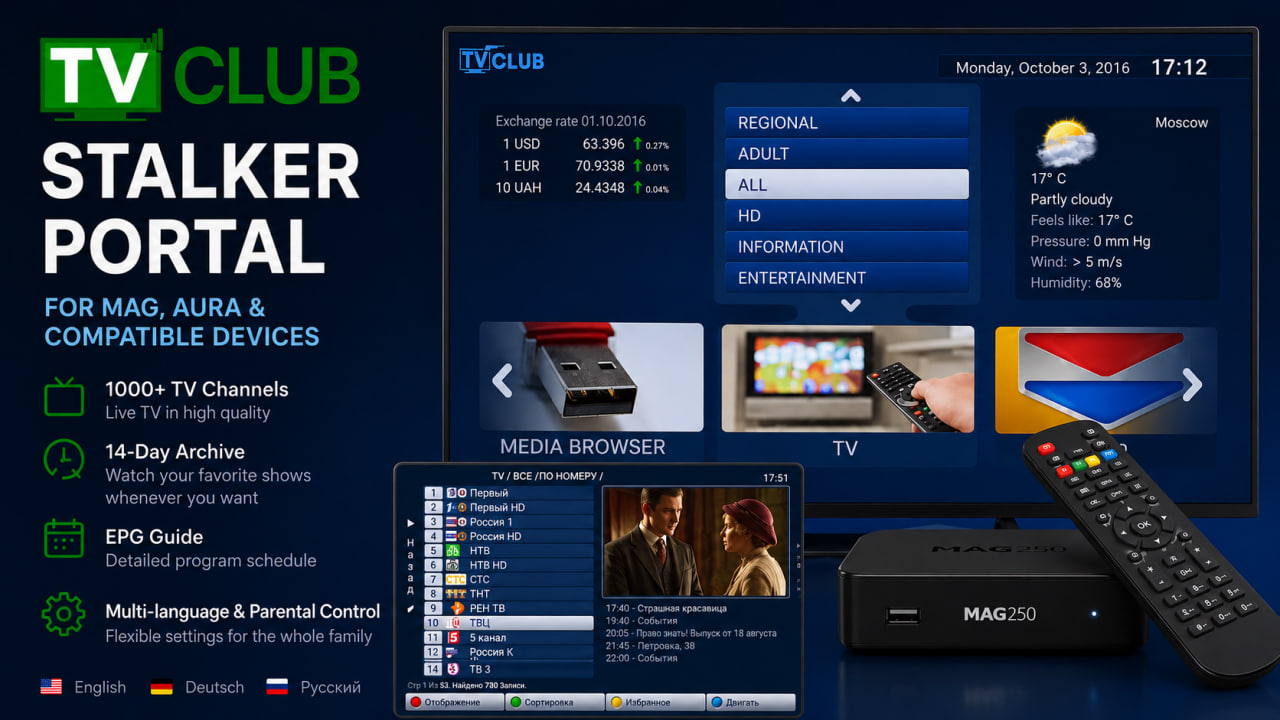 Главное меню клиентского портала TVClub на MAG и Aura HD