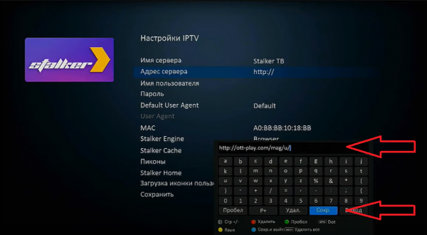Ввод адреса сервера Ott-Play.