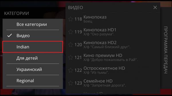 Выбор категории каналов.